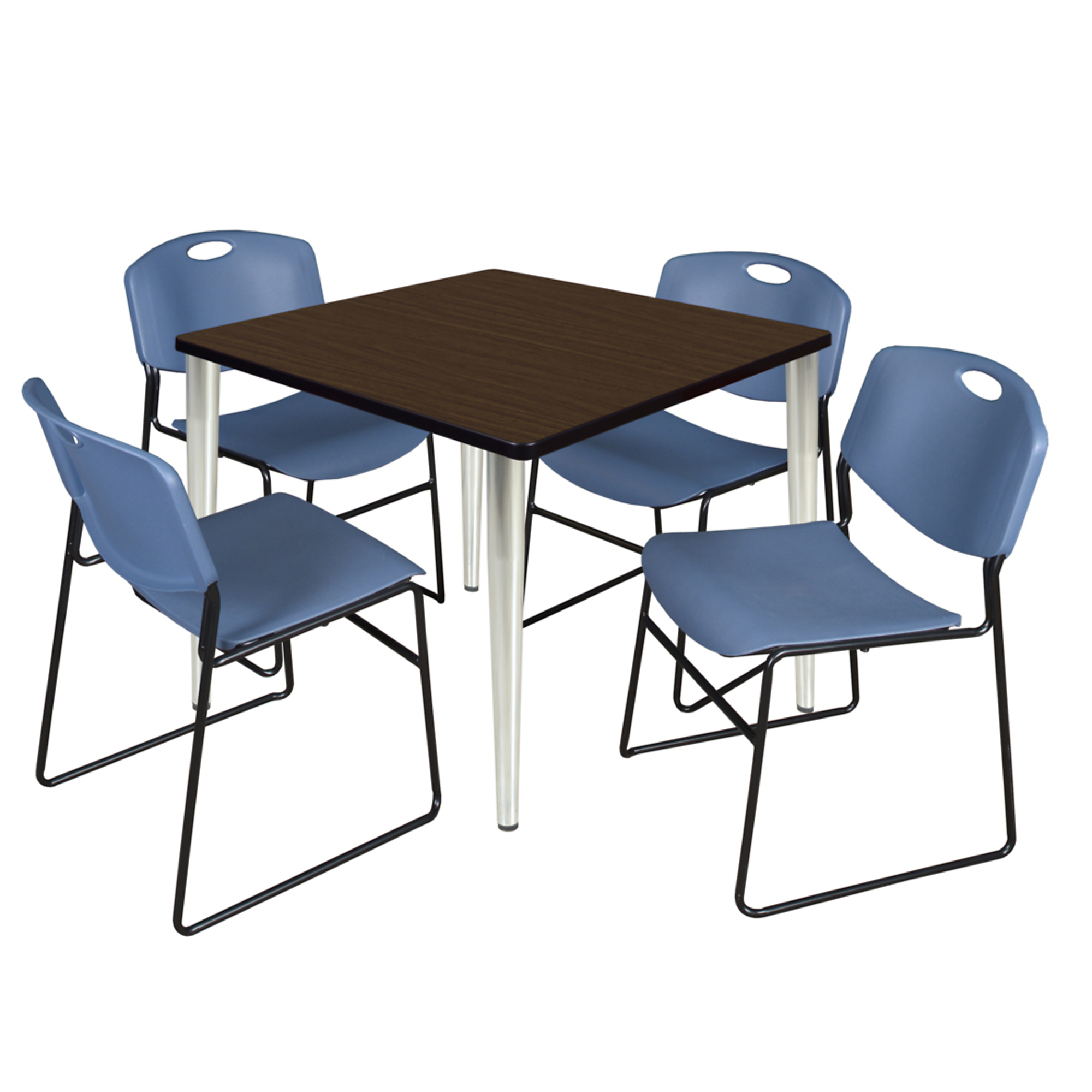 Regency Kahlo Breakroom Table Set — 36in. Square, Neo Walnut/Chrome, Includes 4 Blue Zeng Stack Chairs, Model# TPL3636NWCM44BE